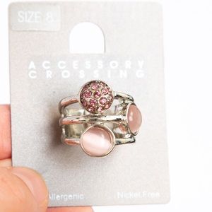 Unique cutout style band ring silver tone with pink stones Accessory Crossing 8